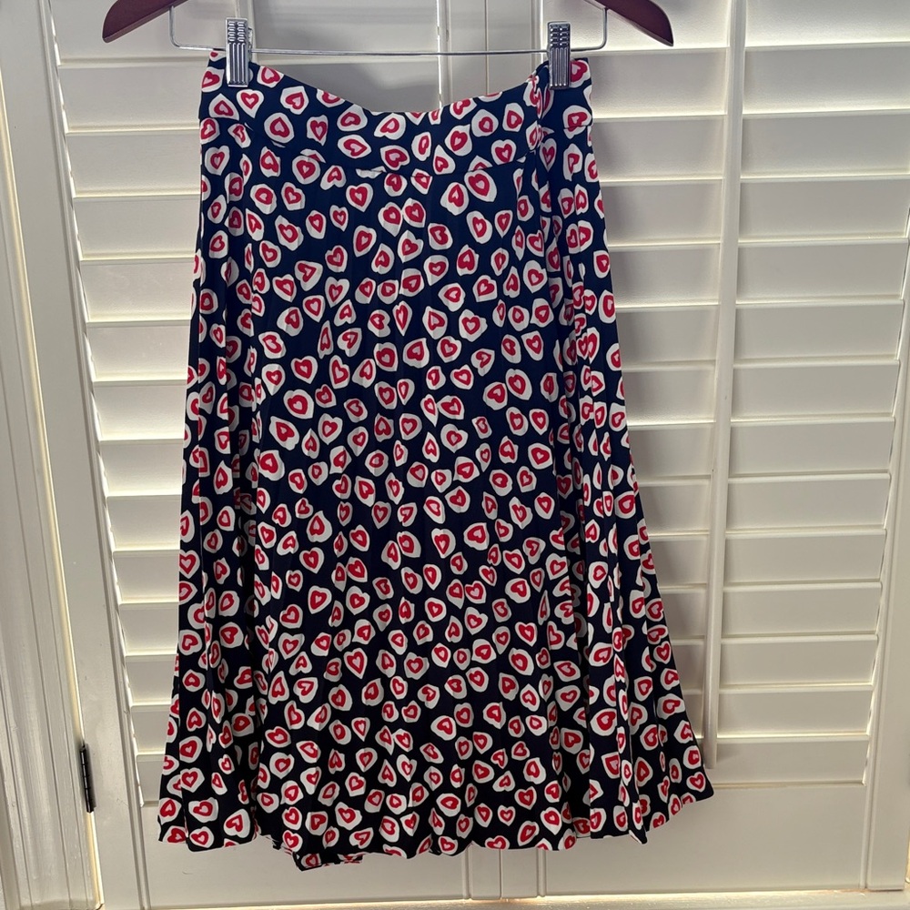 J. Crew Navy and Red Heart Print Midi Skirt